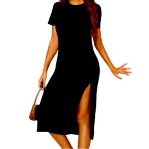 Black thigh high split midi tee dress